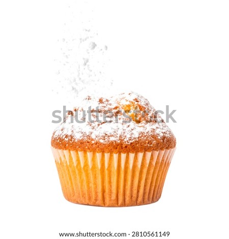 Sweet baked vanilla cupcake exploding with flying white icing sugar powder isolated on a bright white background