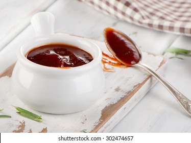 Sweet Bbq Sauce In  White Bowl. Selective Focus