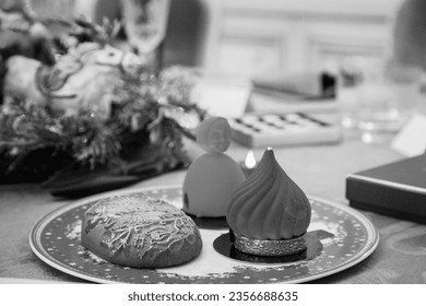 Sweet beautiful dessert cupcake lay on porcelain plate, cake from berries in white chinaware crockery. Dessert cupcakes consisting of natural tasty sugary cake. Eat fresh cute dessert cake cupcake