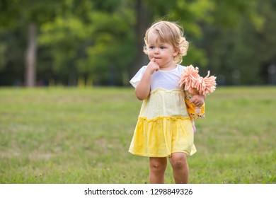 Sweet blond toddler girl with finger in mouth and knitted stuffed rag doll having fun walking outdoors on summer day