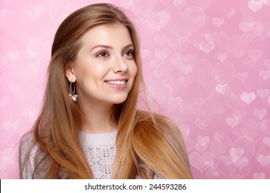 Sweet Blonde Woman Smiling Winking Valentines Day Heart Shaped Bokeh Background Joyful Sweet Blonde Woman Smiling Winking Valentines Day Heart Shaped Bokeh Background Joyful
