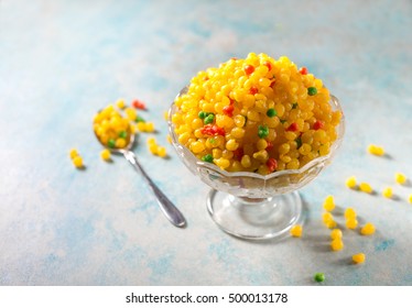 Sweet Boondi - An Authentic Indian Sweet Dish Recipe. Gram Floor Granules Deep Fird And Soaked In Sugar Syrup. 