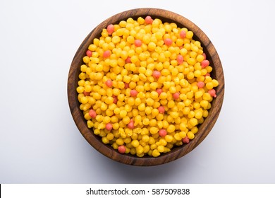 Sweet Boondi Or Bundi In Raw Form, Main Ingredient Of Motichoor Laddoo Or Can Eat As Is. Indian Food. Served In A Bowl. Selective Focus