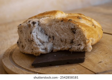sweet braid bread with chocolate chips or chocolate chip sweet yeast rolls with dark chocolatebar