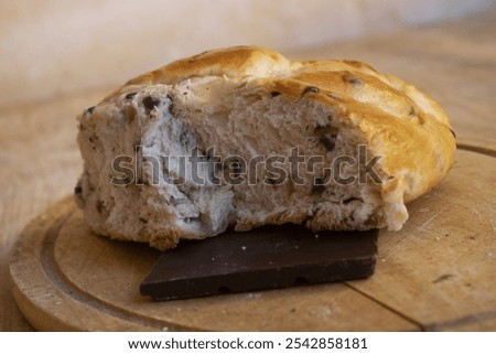 sweet braid bread with chocolate chips or chocolate chip sweet yeast rolls with dark chocolatebar