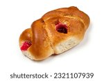 Sweet bun with filling on a white background. Bun with jam close-up.