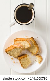 Sweet Bundt Cake On Plate And Coffee Cup. Top View.