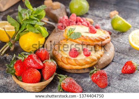 Similar – Hüttenkäsekuchen mit Erdbeeren