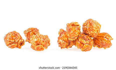 Sweet Caramel Candy Popcorn Isolated On A White Background. Caramel Coated Sweet Popcorn.