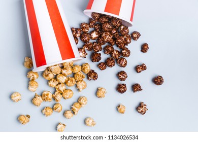 Sweet Caramel Chocolate Popcorn In Paper Striped White Red Cup.