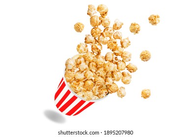 Sweet caramel popcorn on a white isolated background. toning. selective focus