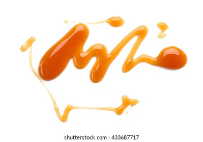 Sweet Caramel Sauce Isolated On White Background, Top View