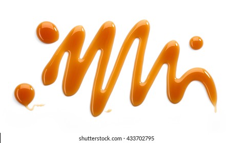 Sweet Caramel Sauce Isolated On White Background, Top View