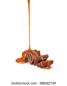 Sweet Caramel Sauce Is Poured On A Chocolate Bar