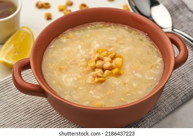 Sweet Chicken Corn Soup Served In A Dish Isolated On Grey Background Side View Of Fastfood