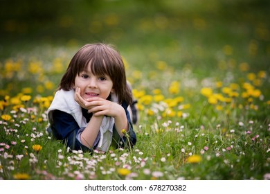 Sweet child, boy, gathering dandelions and daisy flowers in a spring field