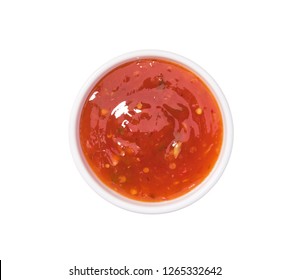 Sweet Chili Sauce   In Ceramic Bowl Isolated  On A White Background.Top View