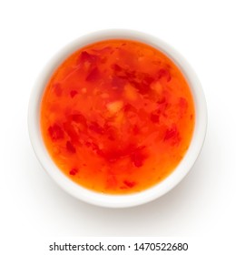 Sweet Chilli Sauce In A White Ceramic Bowl Isolated On White From Above.