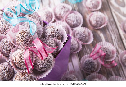 Sweet Chocolate Balls On Wood