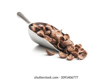 Sweet Chocolate Breakfast Cereal Flakes In Scoop Isolated On White Background.