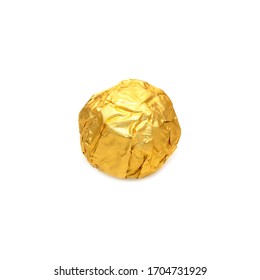 Sweet Chocolate Candy Wrapped In Golden Foil Isolated On White Background