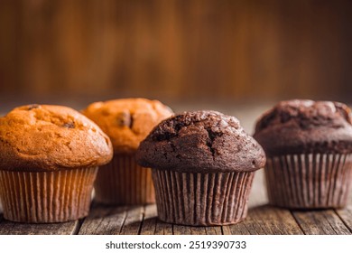 Sweet chocolate muffin cakes. Cupcakes on a wooden table.