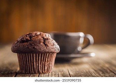 Sweet chocolate muffin cakes. Cupcakes on a wooden table.