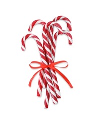 Süße Weihnachtskerzencane Mit Roter Schleife Auf Weißem Hintergrund, Draufsicht
