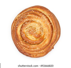 Sweet Cinnamon Bun Roll Swirl, Isolated On A White Background, Close-up, Top View.