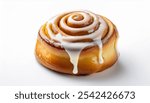 Sweet cinnamon roll dessert with icing, highlighting a classic pastry look on a white background for menu or bakery use