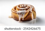 Sweet cinnamon roll dessert with icing, highlighting a classic pastry look on a white background for menu or bakery use