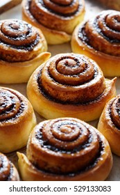 Sweet Cinnamon Rolls Buns With Spices And Cocoa. Close-up. Kanelbulle - Swedish Sweet Homemade Dessert. Christmas Baking Pastry.