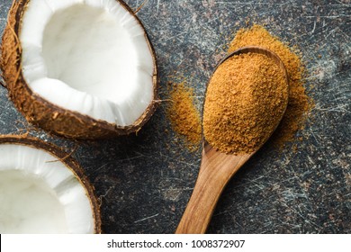 Sweet Coconut Sugar In Spoon.