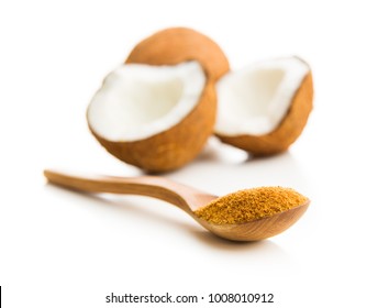 Sweet Coconut Sugar In Spoon Isolated On White Background.