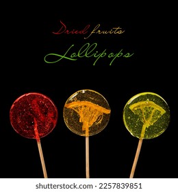 Sweet colorful lollipops with dried fruits on black background. - Shutterstock ID 2257839851