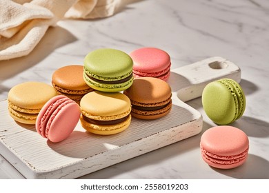 Sweet colorful of macaroons on cutting board and marble surface. Macarons French dessert with variety flavors, cookies wallpaper