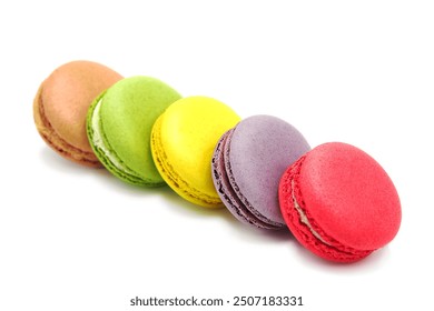 Sweet colorful varied assortment macarons cookies with filling isolated on a white background. Handmade traditional sweets. Clipping Path.