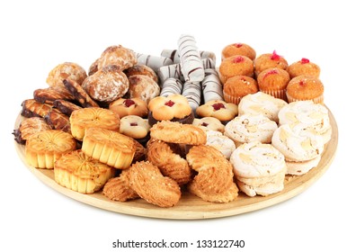 Sweet Cookies On Wooden Plate Isolated On White