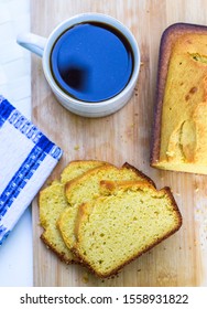 Sweet Cornbread Slices With Loaf And A Coffee Cup From Top View