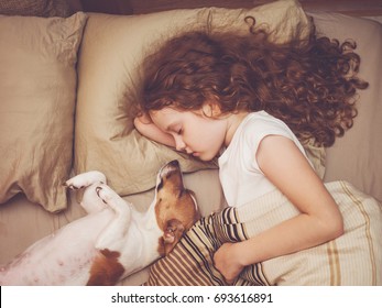 Sweet Curly Girl And Jack Russell Dog Is Sleeping In Night.