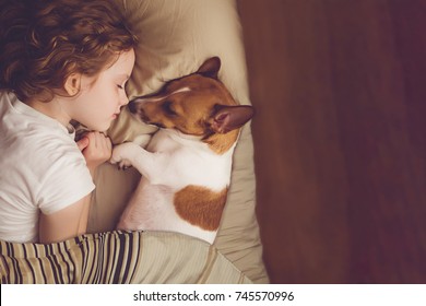 Süße, lockige Mädchen und Jakobsmuschel Hund schläft in der Nacht.