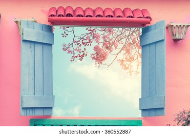 Sweet Cute Open Window With Sakura Pink Flower Viewpoint. Vintage Pastel Color Effect