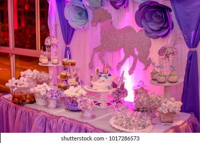Sweet Decoration With Topic Of Violet Unicorn For Party