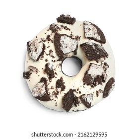 Sweet Delicious Oreo Donut On White Background, Top View