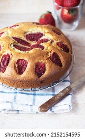 Sweet And Delicious Strawbary One Layer Cake. Close Up.