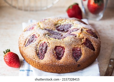 Sweet And Delicious Strawbary One Layer Cake. Close Up.