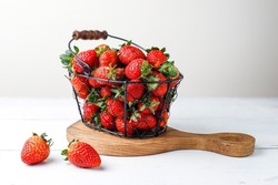 Sweet Delicious Strawberries In Basket,top View, Heap Of Fresh Strawberries In Glass Plate On Marble Table, Strawberries In Basket. Fresh Strawberries. Juice Strawberry, Fresh Ripe Organic Strawberry