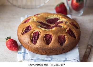 Sweet And Delicious Strawberry One Layer Cake. Close Up.