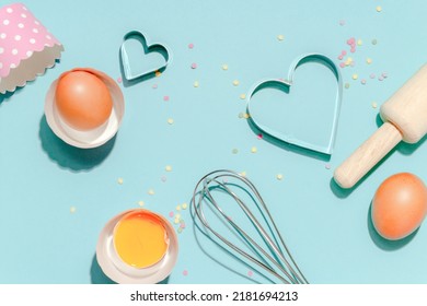 Sweet Dessert Concept, Various Confectionery Tools On Light Blue Background.