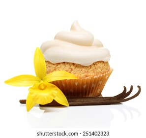 Sweet dessert, cupcake  with vanilla pods and orchid flower isolated on white background.